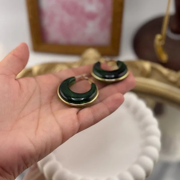 Green Resin Hoop Earrings – Gold Plated Stainless Steel - Picture 6 of 6